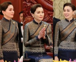 งามวิจิตร! พระราชินี ฉลองพระองค์ไทยอมรินทร์ พาดสไบลาว